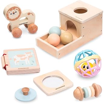 mamabrum MAM183 EDU Baby Spielzeug Set 6 Montessori Sensorik Spielzeug f r 7-12 Monate - Holz Lernspielzeug Motorik W rfel Rollbarer L we - Entwicklungsf rdernd