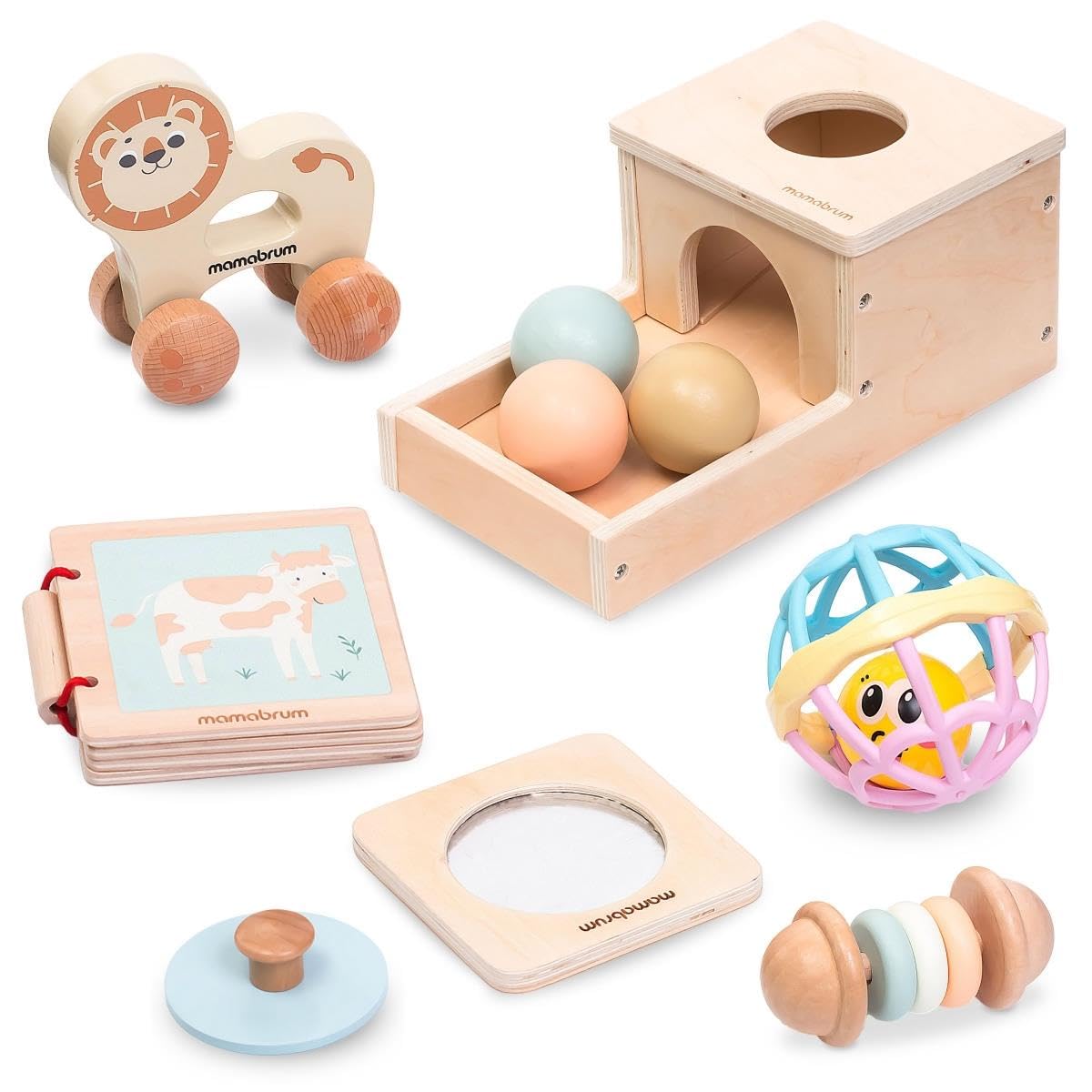 mamabrum MAM183 EDU Baby Spielzeug Set, 6 Montessori Sensorik Spielzeug für 7-12 Monate - Holz Lernspielzeug, Motorik Würfel, Rollbarer Löwe - Entwicklungsfördernd