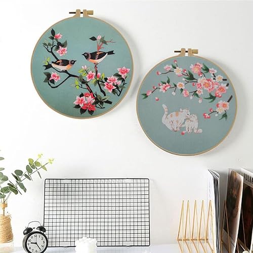 Miniatura 4 de Esffaci Kit de iniciación de bordado para adultos principiantes con patrón de flores de pájaros estampado de punto de cruz con tela de bordado, hilo
