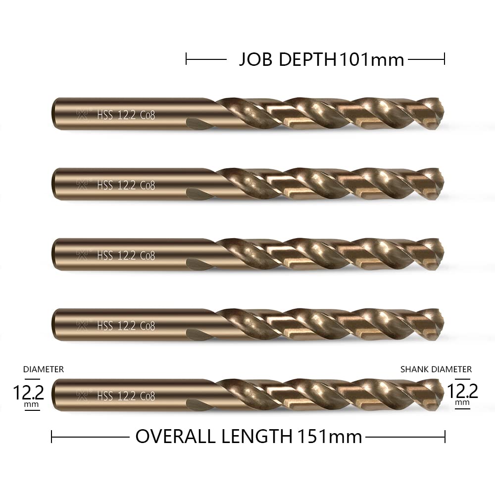 HUAZHICHUN 5PCS Size 12.2mm,M42 8% Cobalt,Drill Bit Set,High Speed Steel HSS Titanium,Wood Drill Bit Sets, Metal,Plastic, Small Drill Bit.