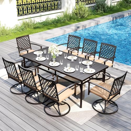 Image of PHI VILLA 7 Pcs Outdoor Dining Set for 6&83 inch Rectangle Metal Steel Table | Swivel Wrought Iron Chairs with Cushions, Outside Furniture Set for Patio, Deck, Yard, Porch