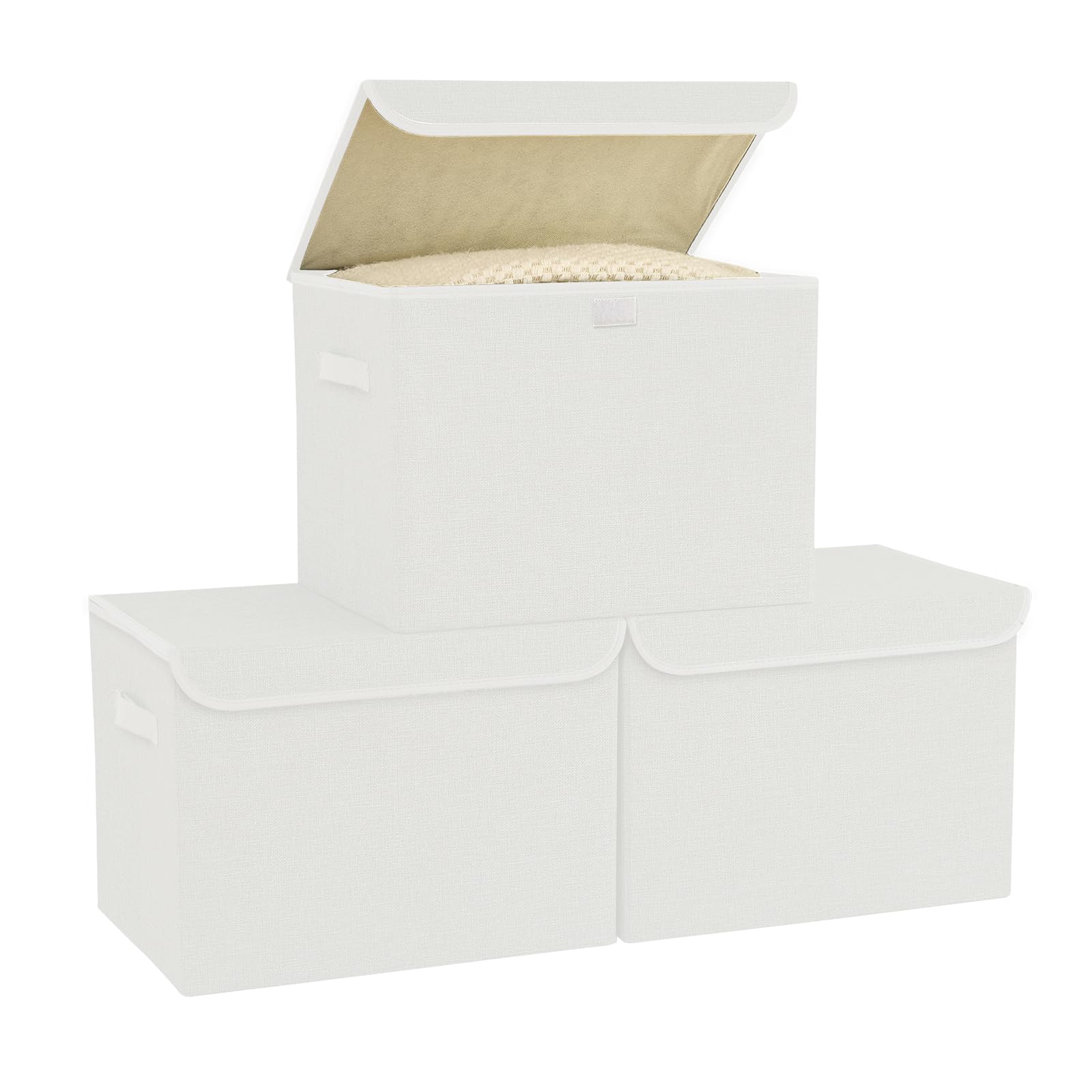 Bagnizer Fabric Storage Boxes with Lids & Handles 3PCS Collapsible Storage Basket Bins for Clothes Toy Large Foldable Storage Box for Wardrobe Bedroom Office White 42x30x30CM