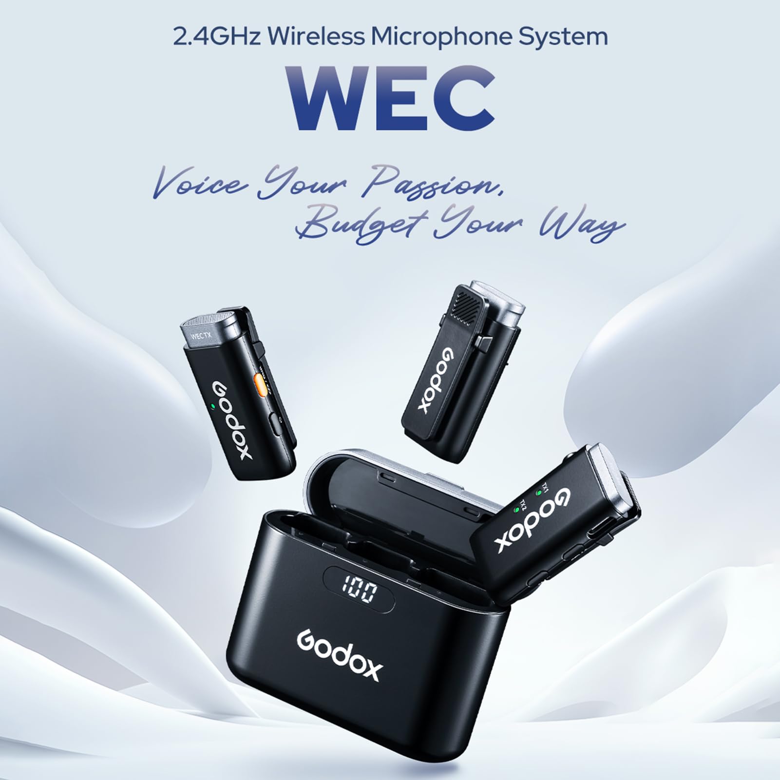 GODOX WEC Kit2 - Sistema de micrófono inalámbrico de 2.4 G, cancelación de ruido, transmisión de 200 m, batería integrada con funda de carga para smartphone, cámara réflex digital, portátil de 3,5 mm