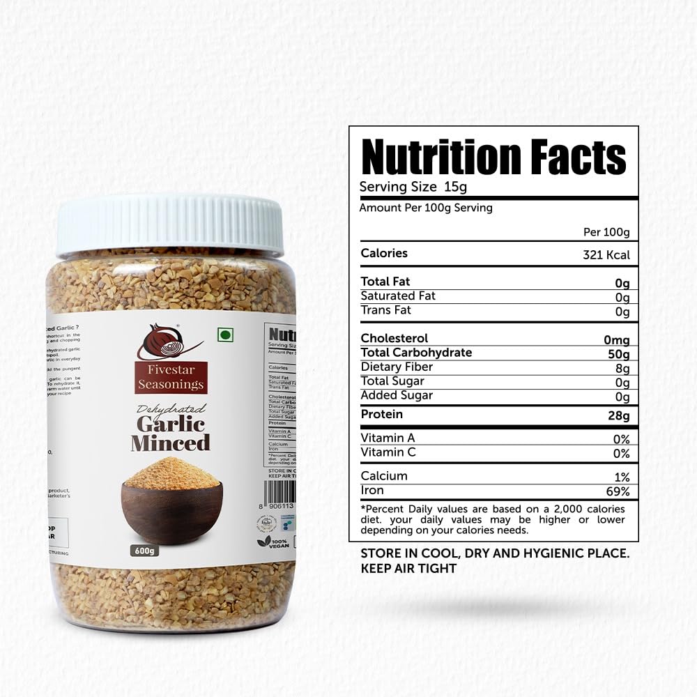 Nutty Fivestar Seasoning Minced Dried Garlic In Fresh, 100% Natural, Rich In Iron, Easy To Cook, 0% Trans-Fat Dehydrated Garlic Flakes (600G) 1