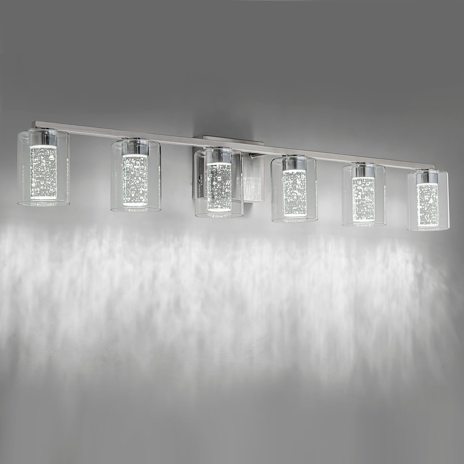 SineRise 6-Light Brushed Nickel Vanity Light with 3 Color Modes (3000K/4000K/6000K), Eye Protection LED Bathroom Light Fixture, Dimmable Modern Wall Light Over Mirror with Clear Glass Shade