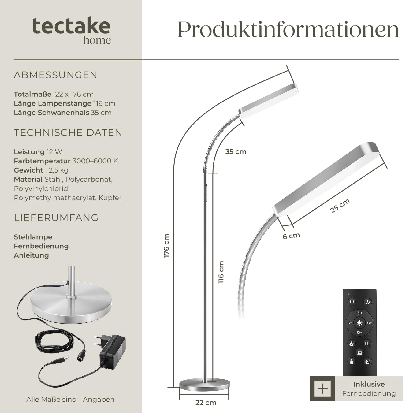 tectake® LED Stehlampe, Schwanenhals Lampe, Standleuchte dimmbar, modern, mit 5 Lichtmodi, Beleuchtung für Wohnzimmer, Kinderzimmer, Bett, als Leselampe oder Schreibtischlampe - silber