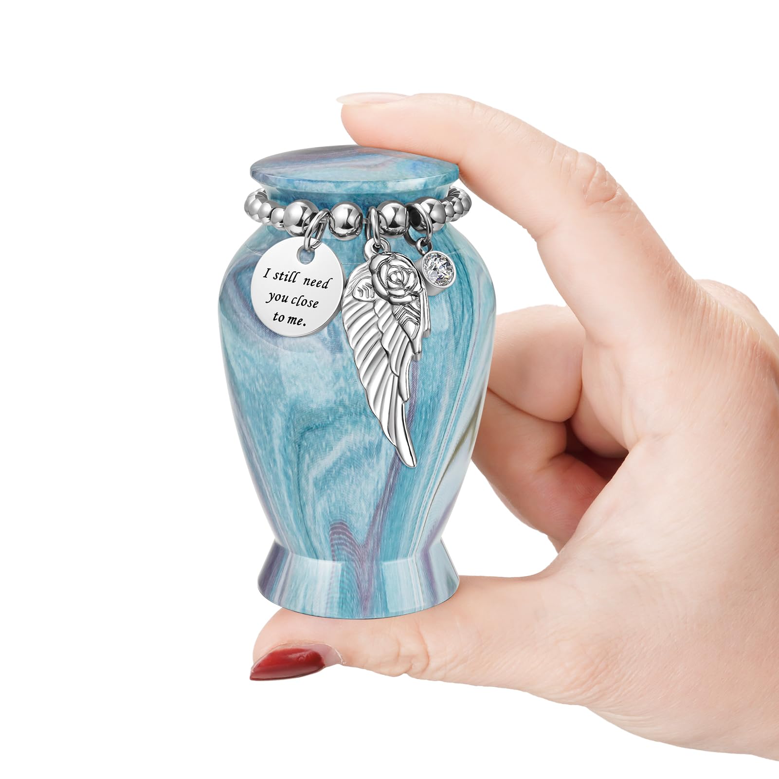 Memorials Small Urns for Human Ashes Keepsake Aluminum Mini Urns for Ashes with Angel Wing Charm Decorative Burial Urn Funeral Cremation Urns for Women and Men (White Bule)