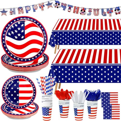 244PCS 4th of July Decorations Patriotic American Flag Party Supplies - Serve 30 - Tablecloths,4th of July Disposable Paper Plates Cups Napkins Cutlery Forks Spoons Straws,Banner Red White Blue Decor