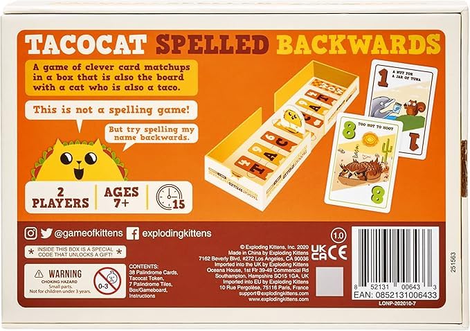 Image of Tacocat Spelled Backwards Board Game | Engaging 2-Player Board Game for Ages 7+ | Quick 15-Minute Playtime | Perfect for Family Game Nights, Couples, and Kids