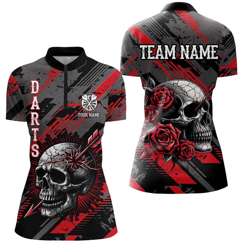 Personalisierte 3D-Druck Dartshirts für Herren & Damen mit Totenkopf- und Rosenmotiv | Rot T1919