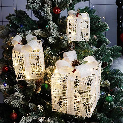 Kproe Set Of 3 Christmas Lighted White Silver Gift Boxes Decor Yard Home #TOP3