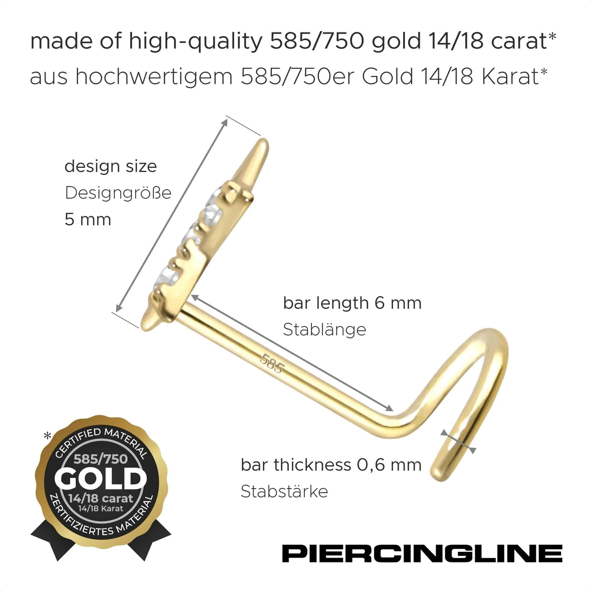 PIERCINGLINE Nasenpiercing 14K Gold Nasenstecker Spirale STERN + 3 MOISSANITE 585er Gold - Roségoldfarben, Goldfarben, Silberfarben