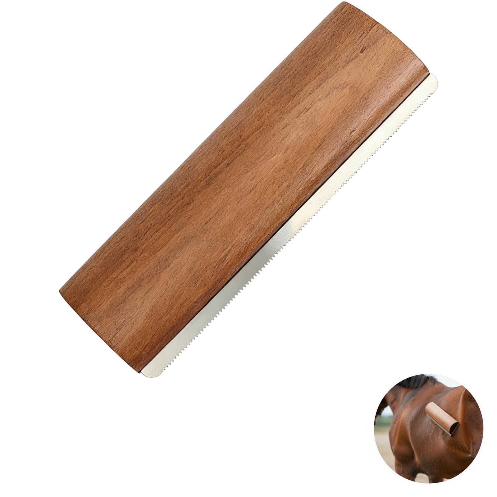 Skrobak do potu z drewna, 20 x 6,8 cm, narzędzie do deseddingu konia z metalową krawędzią ząbków, do kucyków, wołowiny i luźnych włosów, zakrzywiony kształt do dokładnego czyszczenia ciała zwierzęcia