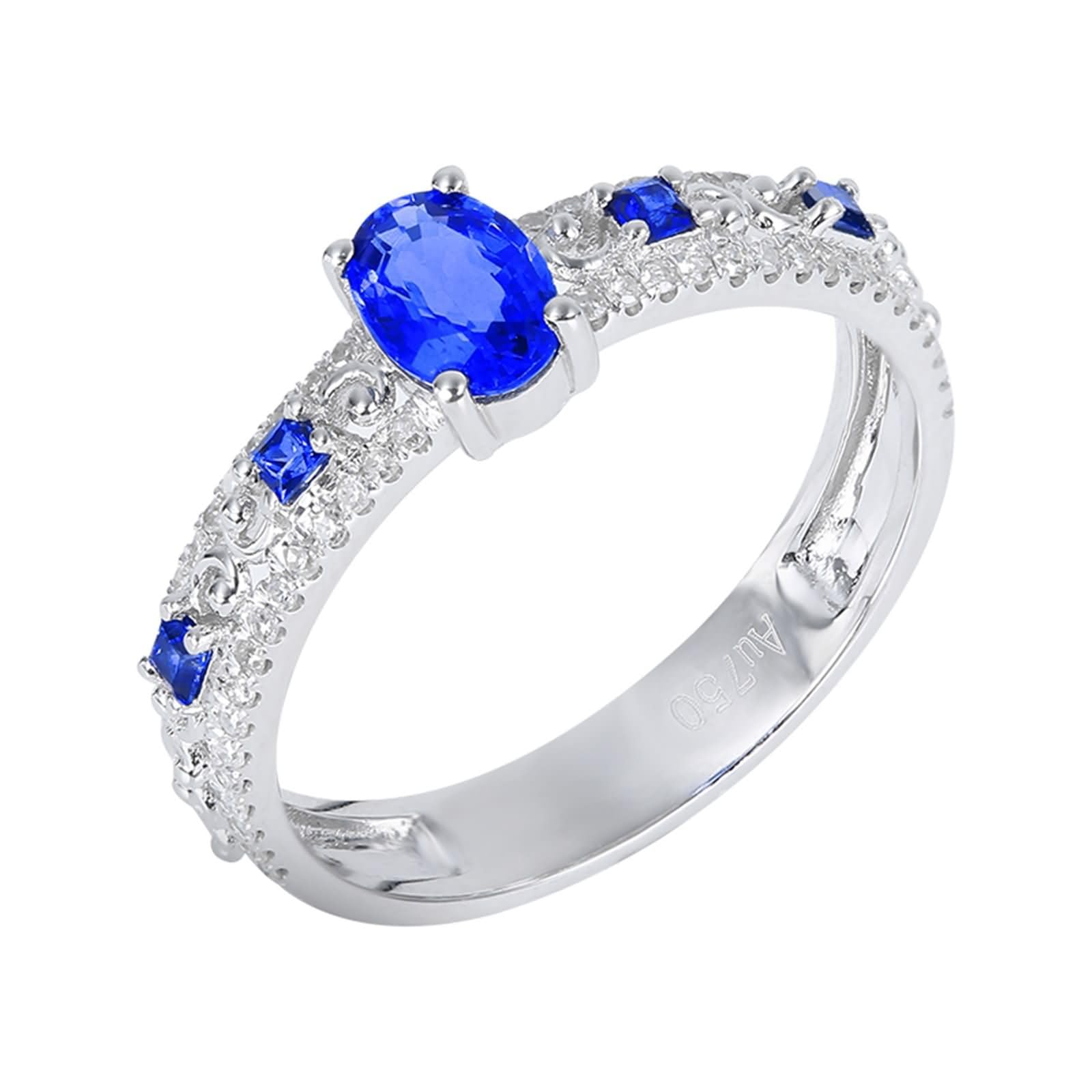 Damen Eheringe Ringe Weißgold 9 Karat / 14 Karat / 18 Karat, 4 Zinken Oval mit Erstellter Saphir 0,75 Karat und Moissanit, Blau Silber Verlobungsring Ehering Damen Ringe
