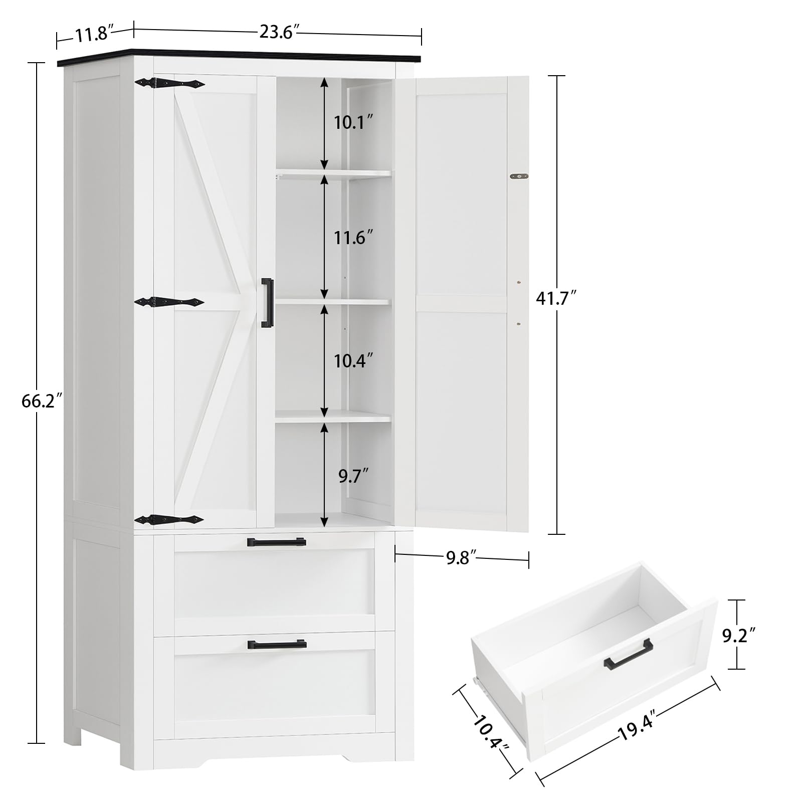TEENFON 66.2" H Pantry Cabinet, Farmhouse Kitchen Pantry Cabinet with 2 Drawers & Adjustable Shelf, Bathroom Storage Cabinet, for Living Room, Kitchen, Bathroom, White - 2
