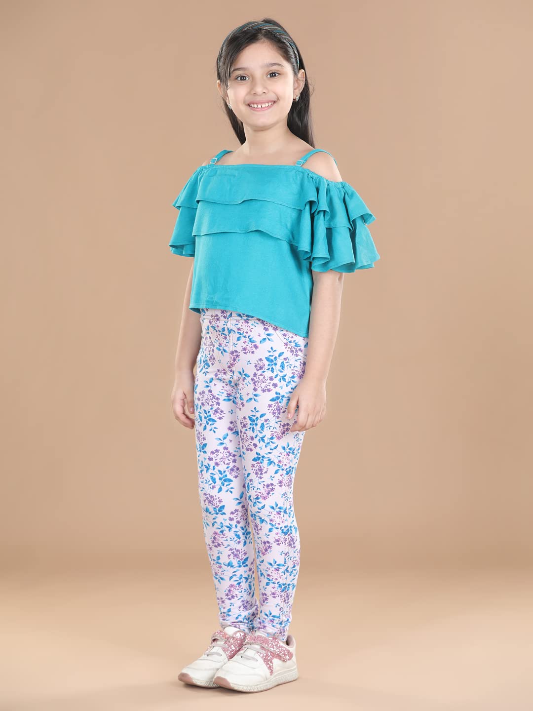 StyleStone Girls Cotton Floral Printed Jegging and Turquoise Top (6LTurqTop4-5) 1