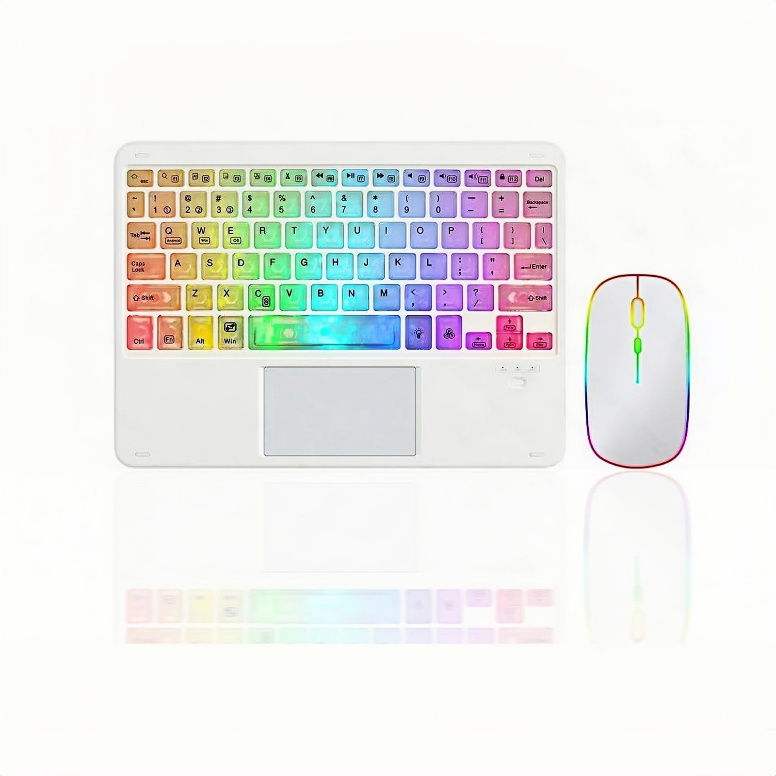 7-Color Backlit Ultra-Slim Transparent Bluetooth Keyboard with Built-in Touchpad and Mouse Portable Mini Rechargeable for Apple iPad iPhone Samsung Tablet iPhone Smartphone iOS Android Windows-White