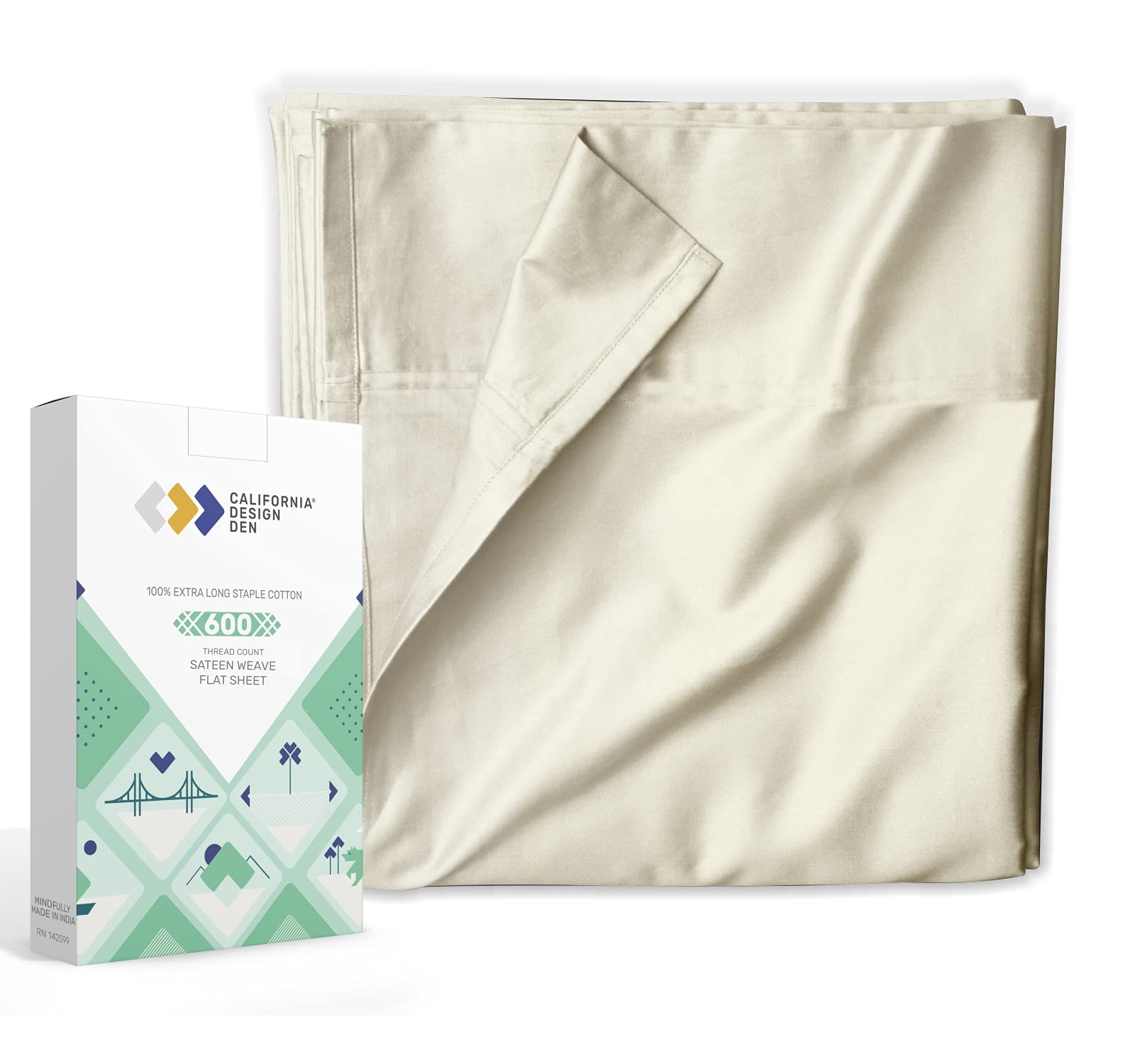 100% Natural Cotton Flat Sheet - 600 Thread Count, Soft and Crisp, Breathable, Hotel Luxury Top Sheet Only, Ultra Premium Sateen Weave - Ivory, King Size