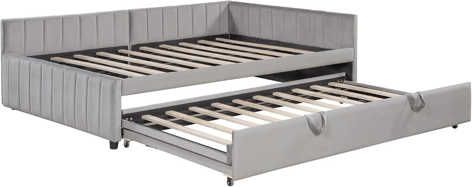 L-Shaped Upholstered Daybed with Pop-up Trundle (Twin Size), Full-Size Bed Frame with Wooden Slats Support for Bedroom Guest Room, Space-Saving Design Mattress Foundation, No Box Spring Needed, Gray