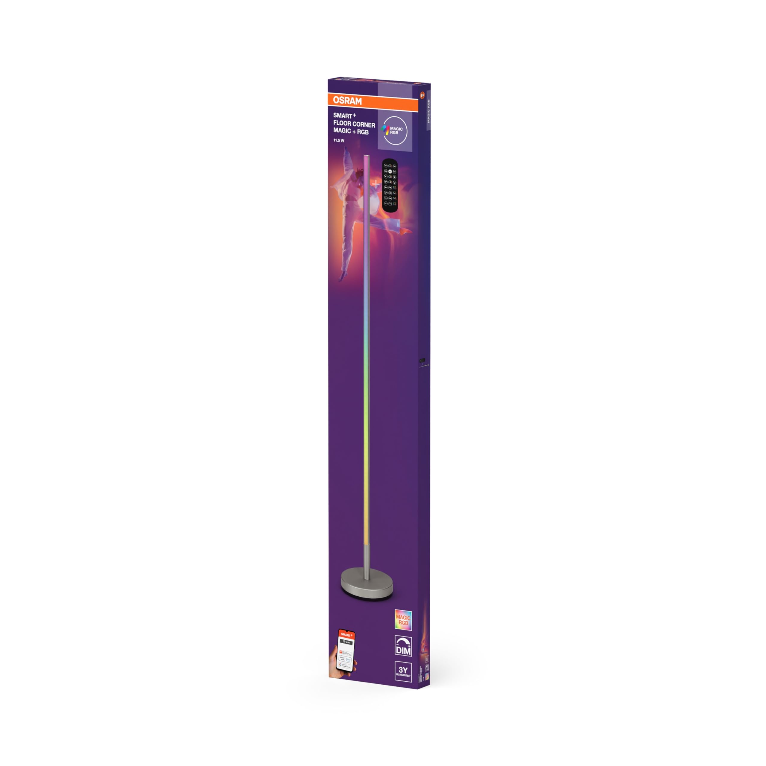 Osram Smarte LED-Eck-Stehleuchte, 7.5W, mit Magic RGB für diverse Farben und Lichteffekte, silber, mit Fernbedienung, IP20, LED nicht austauschbar, dimmbar