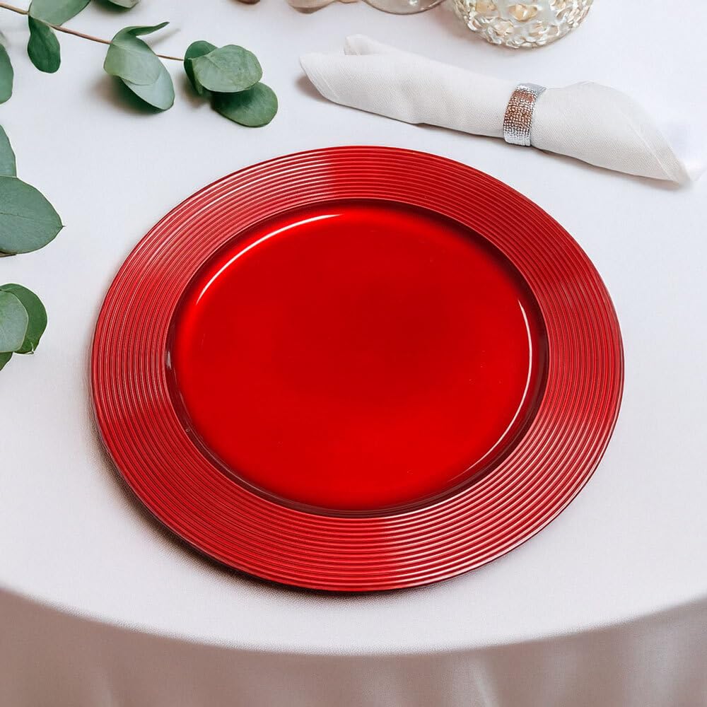 Murago - 6er Set Platzteller ca. 33cm Kunststoff rot - glänzende Unterteller für Teller Dekoteller Kerzenteller Dekoration für Hochzeit Weihnachten Tischdeko