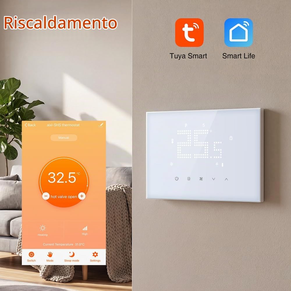Termostato Fancoil wifi Tuya Termostato Intelligente per Condizionatore Centrale, Programmabile per Ventilconvettore Raffreddamento Riscaldamento, Compatibile con Alexa
