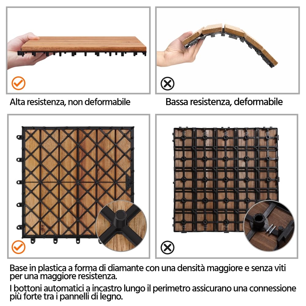 Yaheetech Piastrelle per Esterno 30 X 30 cm per Pavimento da Giardino in Legno di Acacia Impermeabili per Patio Terrazza Balcone Piscina Facili da Posare 27 Pezzi