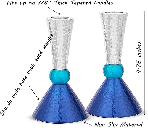 Miniatura 2 de Zion Judaica - Juego de portavelas clásico con acabado martillado de metal anodizado, se adapta a velas gruesas cónicas y shabat, tonos azules y