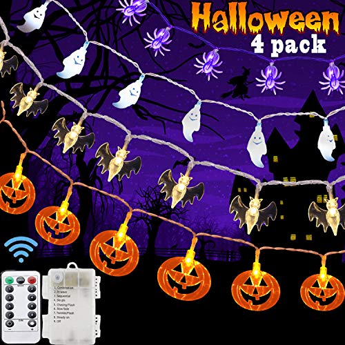 Set of 4 Halloween Decorations Lights Halloween Lights String Battery Operated 8 Mode Waterproof orange Pumpkin Spider Ghost Bat Lights with Each 20 LED for Outdoor Indoor Halloween Decorations, Party