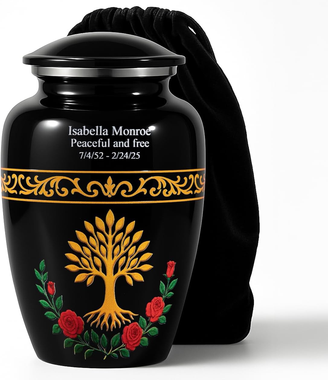 Tree of Life Cremation Urn for Human Ashes – Black & Gold Personalized Memorial Tribute with Name & Dates, Symbolic Funeral Keepsake, Made in USA (Large)