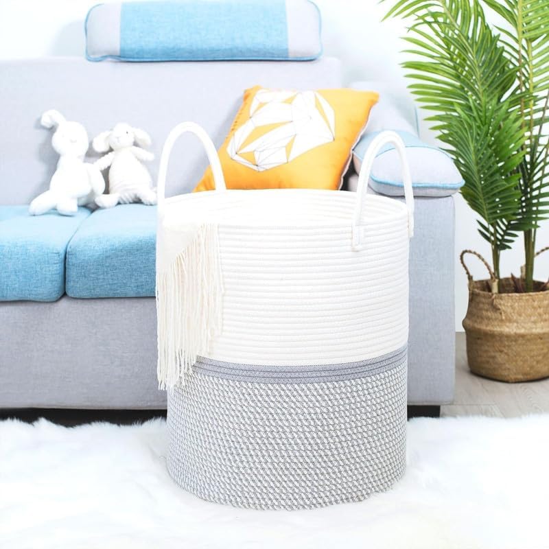 Image of Jute Cotton Rope Laundry Basket with Handles, Large Tall Clothes Hamper for Bedroom, Baby Nursery, Bathroom, Laundry Room & Home Storage Organizer (14x16 Inch, Grey & White)
