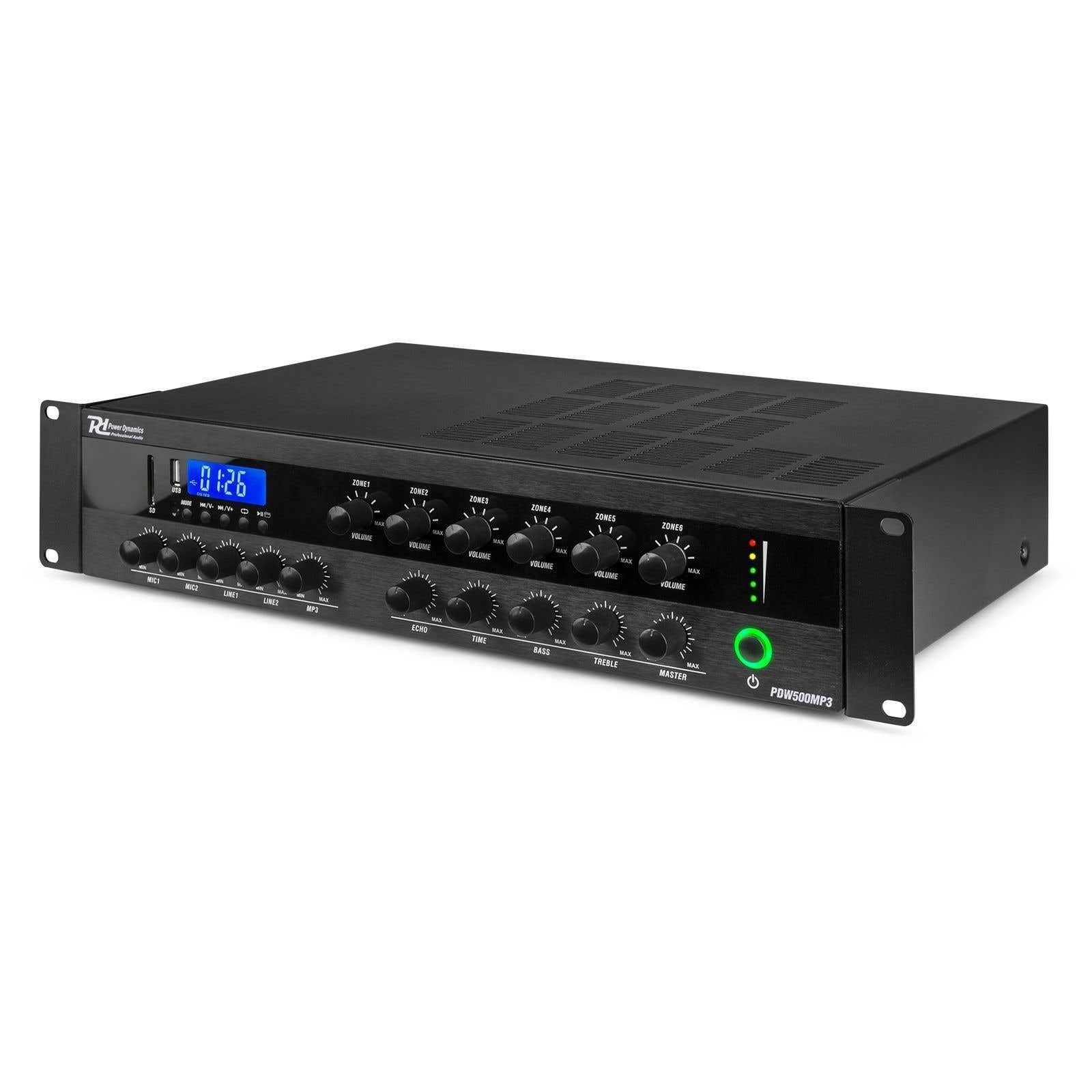 Power Dynamics PDW500MP3 Amplificateur 100V 6 Zones 500 Watts Bluetooth MP3 USB SD Radio FM XLR
