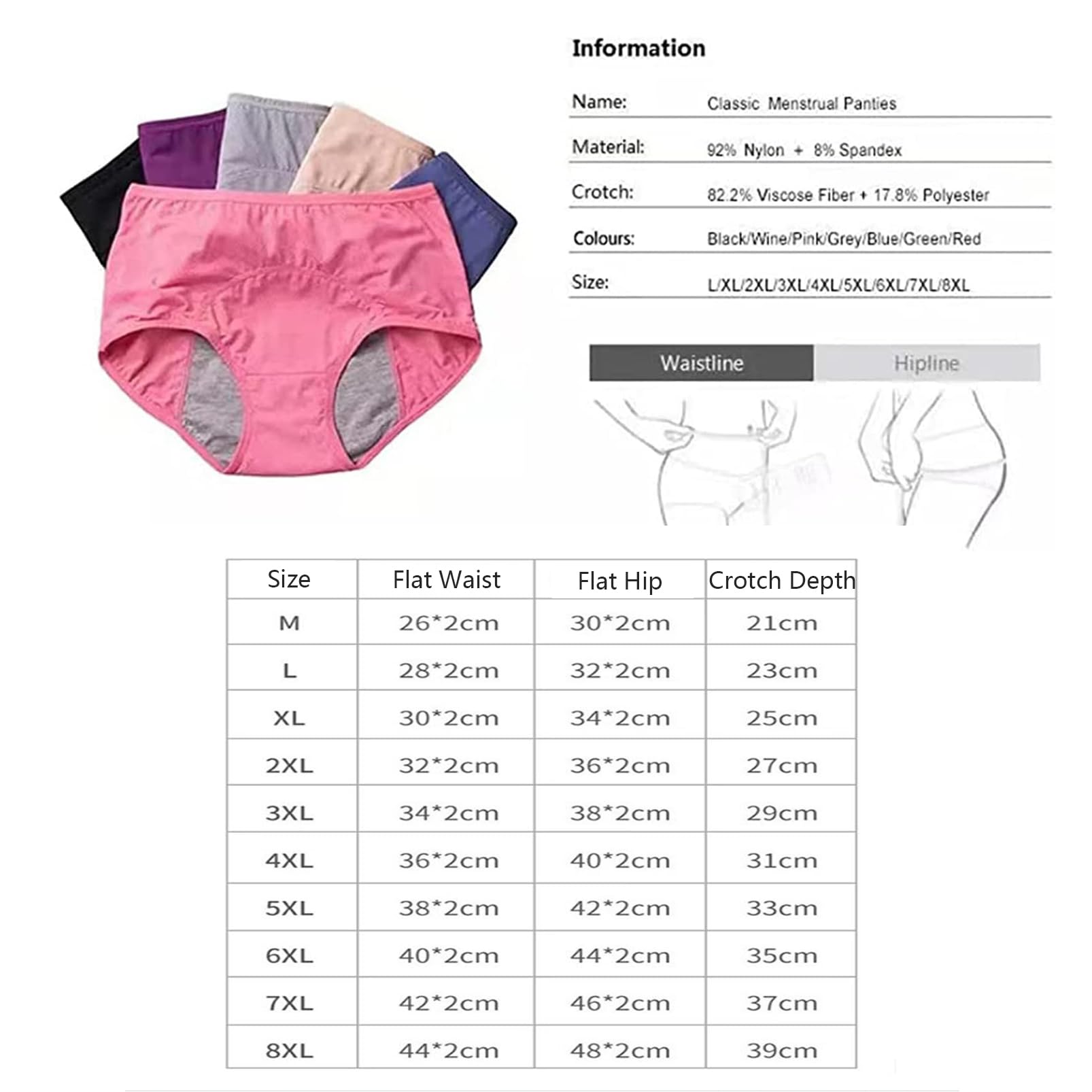 Pantalones de Período para Mujer, Paquete de 6 Bragas Menstruales a Prueba de Fugas, Ropa Interior Posparto de Cintura Media Alta, Braguitas de Algodón Menstrual a Prueba de Fugas