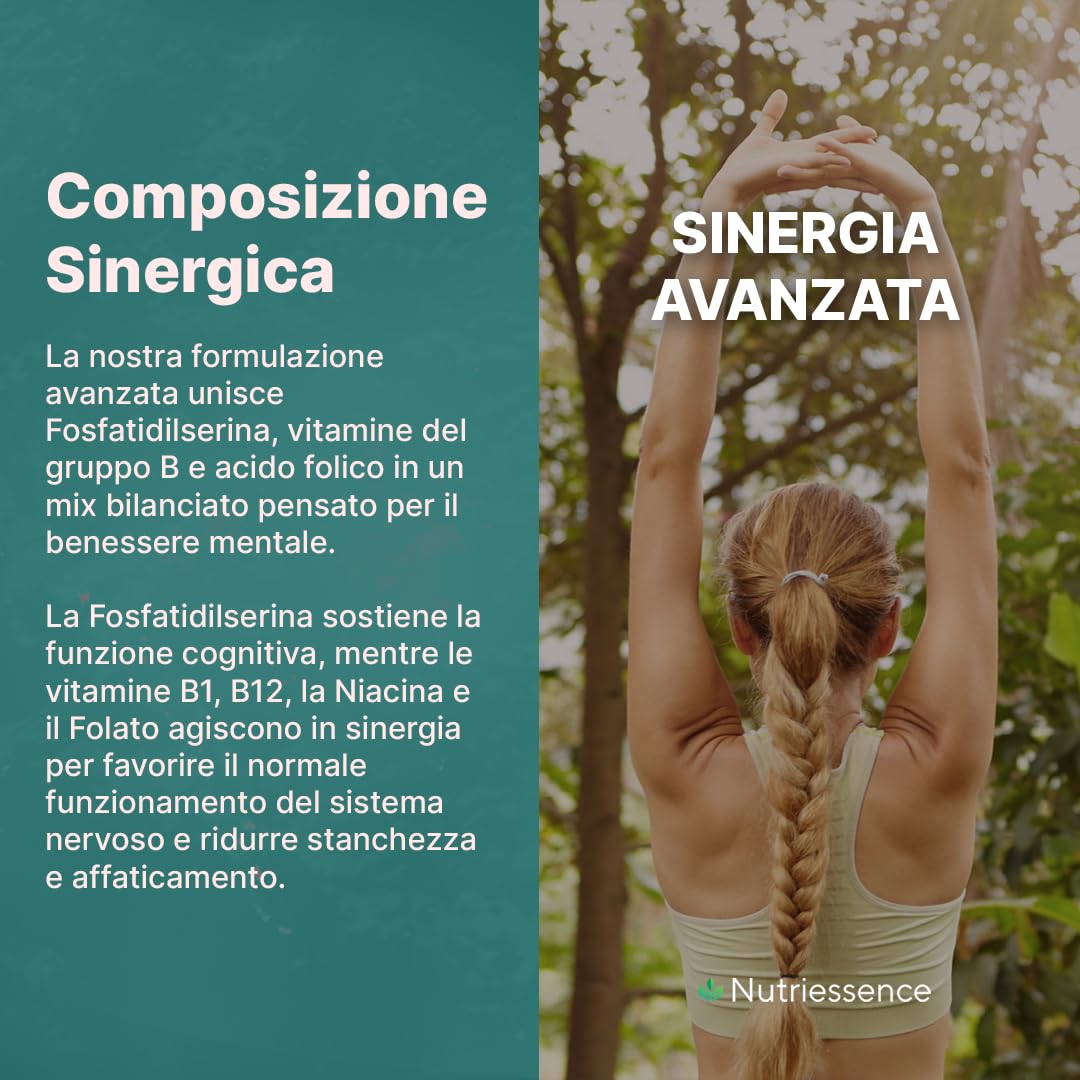 Fosfatidilserina 500 mg | Maxi Dosaggio Formato 60 Capsule | 2 Mesi di Rifornimento | Con Vitamine B1, B3, B9 e B12 | Migliora Memoria, Concentrazione e Focus Mentale |Senza Glutine e Lattosio