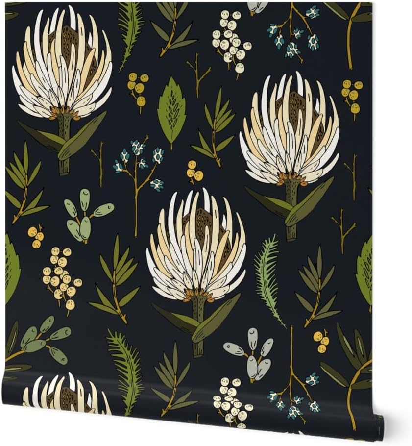 Removable Wallpaper 12ft x 2ft - Protea Neutral Floral Botanical Botany Leaf Boho Nature Kitchen Decor Spring Custom Pre-Pasted Wallpaper by Spoonflower