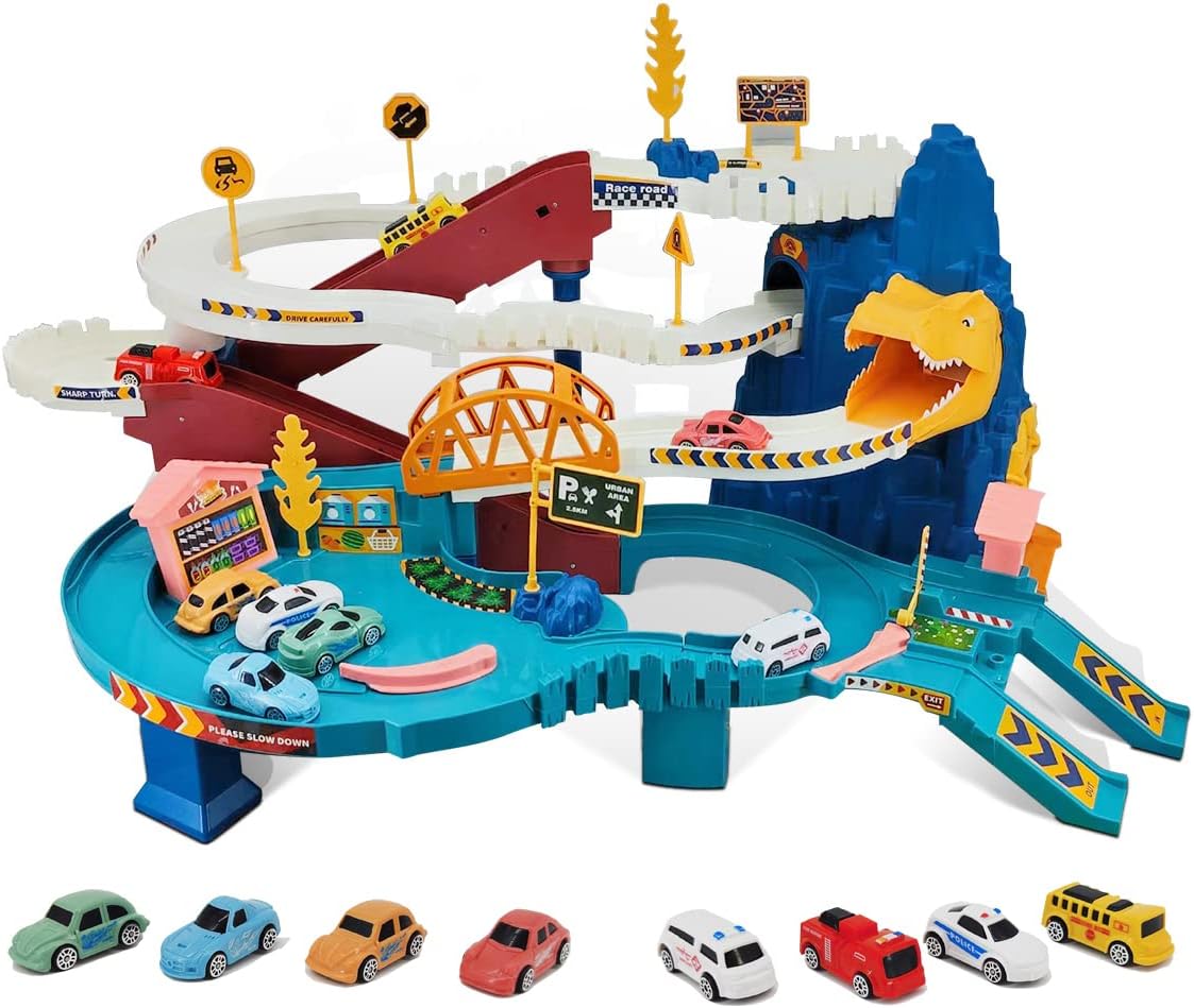 Race Track Playset for Kids,Dinosaur Hill Car Adventure Toys with 8