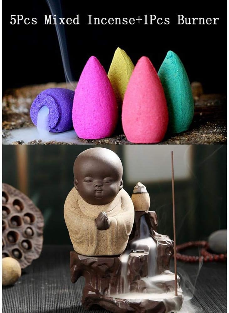 Incense Burner Backflow Tower Cones Sticks Holder Ceramic Porcelain Buddha Monk Ash Catcher with 10PCs Backflow Incense (Backflow e)