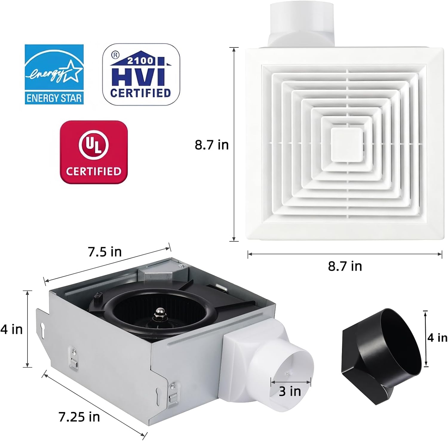 Bathroom Exhaust Fan 80 CFM,4-Inch Duct - 70CFM,3-Inch Duct outlet included,Easy to Install,Quiet Energy-Saving Household Ventilation Fan,Ceiling or Wall Mounted, Classic White Grille