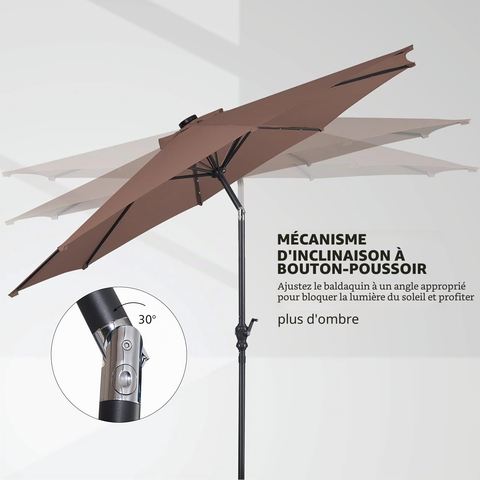 GIANTEX Parasol de Jardin Extérieur 3M, Parasol Inclinable avec 24 Éclairage Solaire LED, 8 Baleines en Métal, Protection UV, pour Terrasse, Jardin, Balcon (Café)
