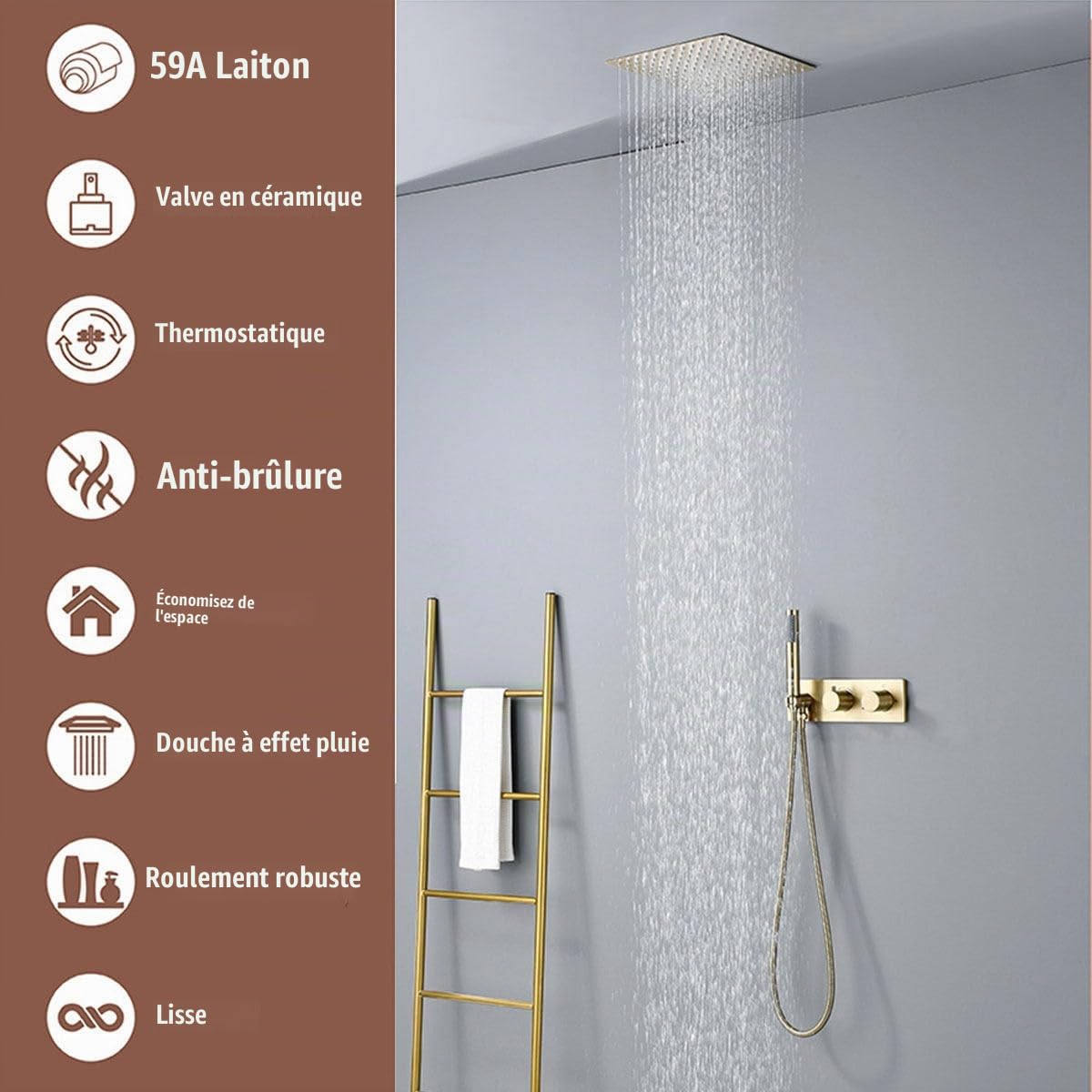 Colonne de Douche Thermostatique Dorée, Moderne 16inch / 400mm Pluie Ensemble de Douche Encastré, Système de Douche Encastré Pose au Plafond, Douchette, 59A Laiton (Or Brossé)