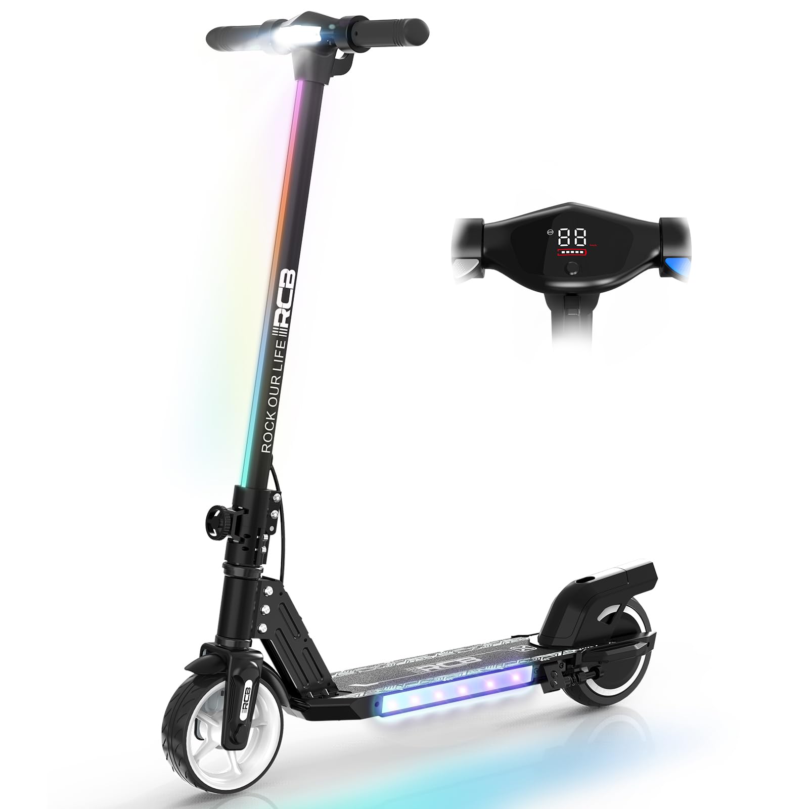 RCB R12 Patinete Eléctrico Niños para 6-12 años, hasta 15 km/h y 10 km, 6.5" Plegable Patinete Eléctrico,Luces de Arco Iris, Dos Tipos Frenos, Pantalla LED, Regalos para Niños