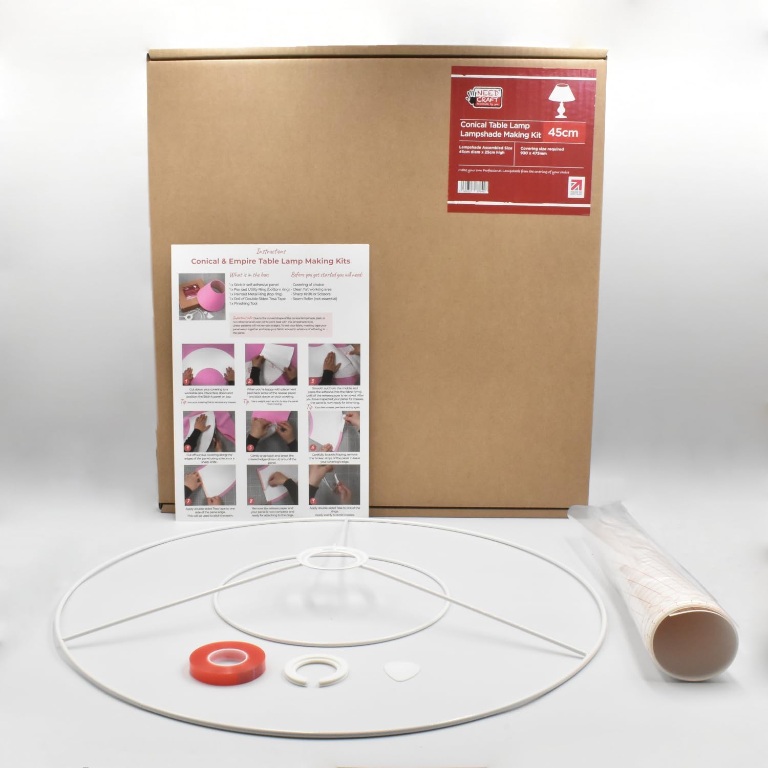 Conical Table Lamp Lampshade Making Kit - Tapered Circle Shape DIY Shade Made in The UK by Needcraft - Use with Fabric, Textile, Wallpaper of Choice (White, 45cm)