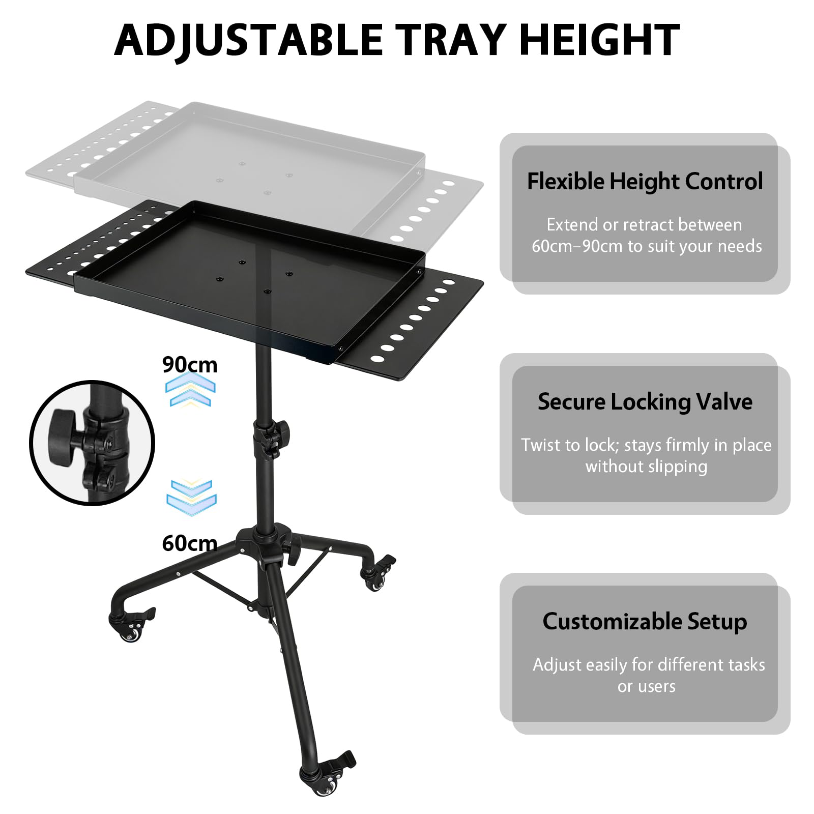 Banco de trabajo móvil, mesa de herramientas con ruedas, altura ajustable 60 – 90 cm, carro de herramientas móvil con bandeja de metal y 2 soportes para herramientas, bandeja de herramientas para