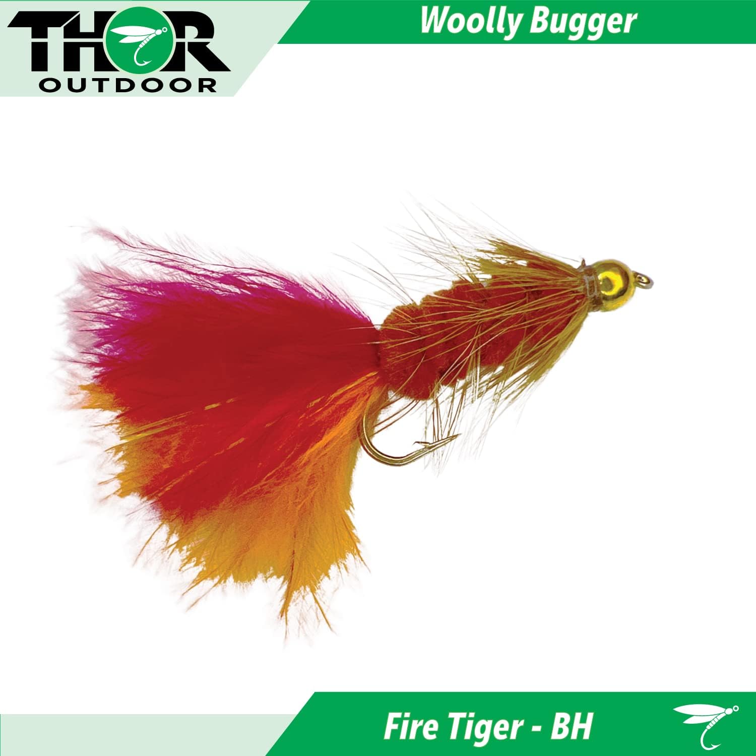 Thor Outdoor BH Woolly Bugger Streamer Fly - 12 Pc Set - Fire Tiger, Light Tan, Olive - Wet Flies for Bass, Panfish, Trout - Hook Size #10 : Sports & Outdoors