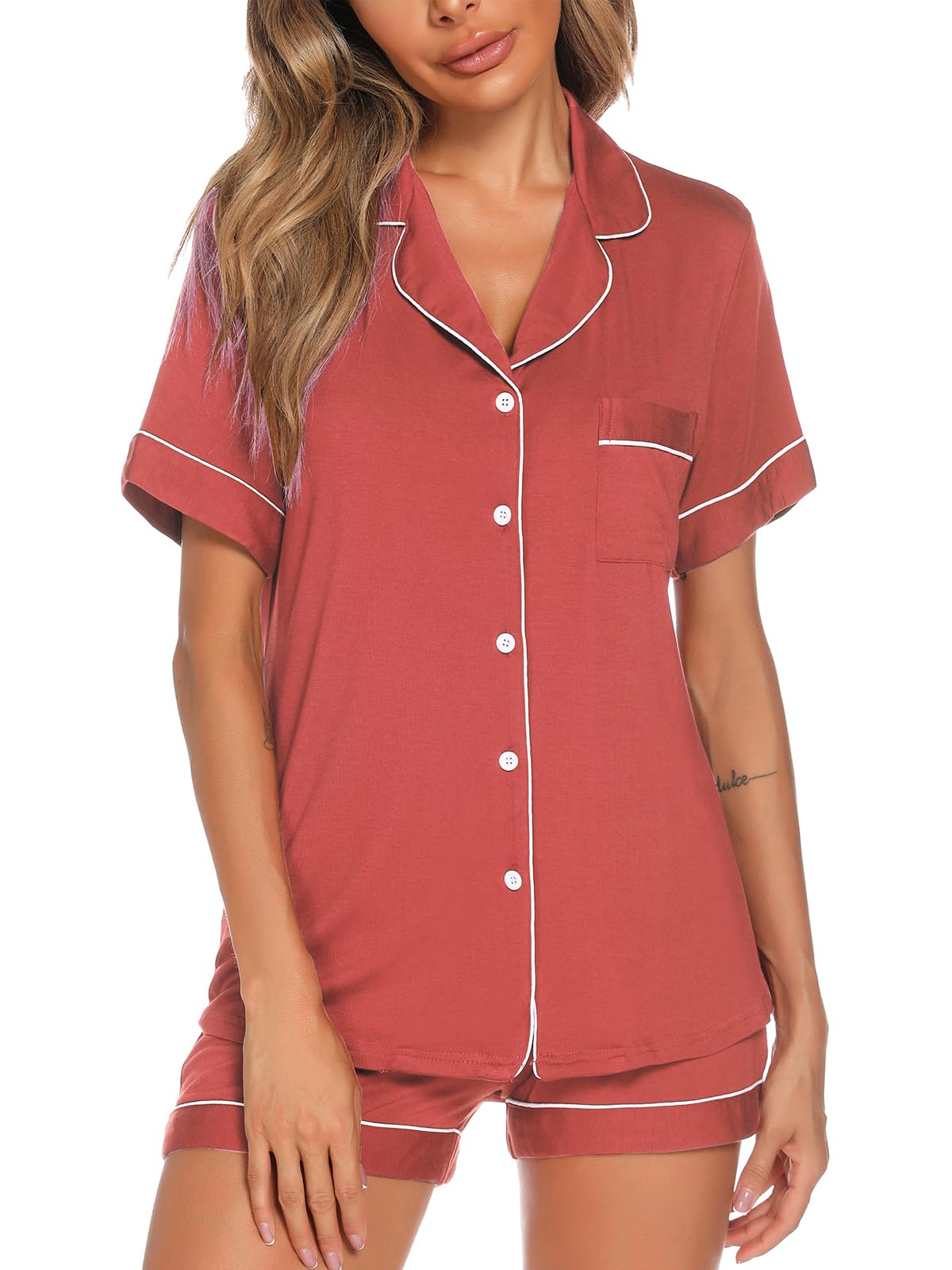 Aamikast Button Up Pajama Set for Women Shorts Short Sleeve Knit Sleepwear 2 Pice Pjs Sets
