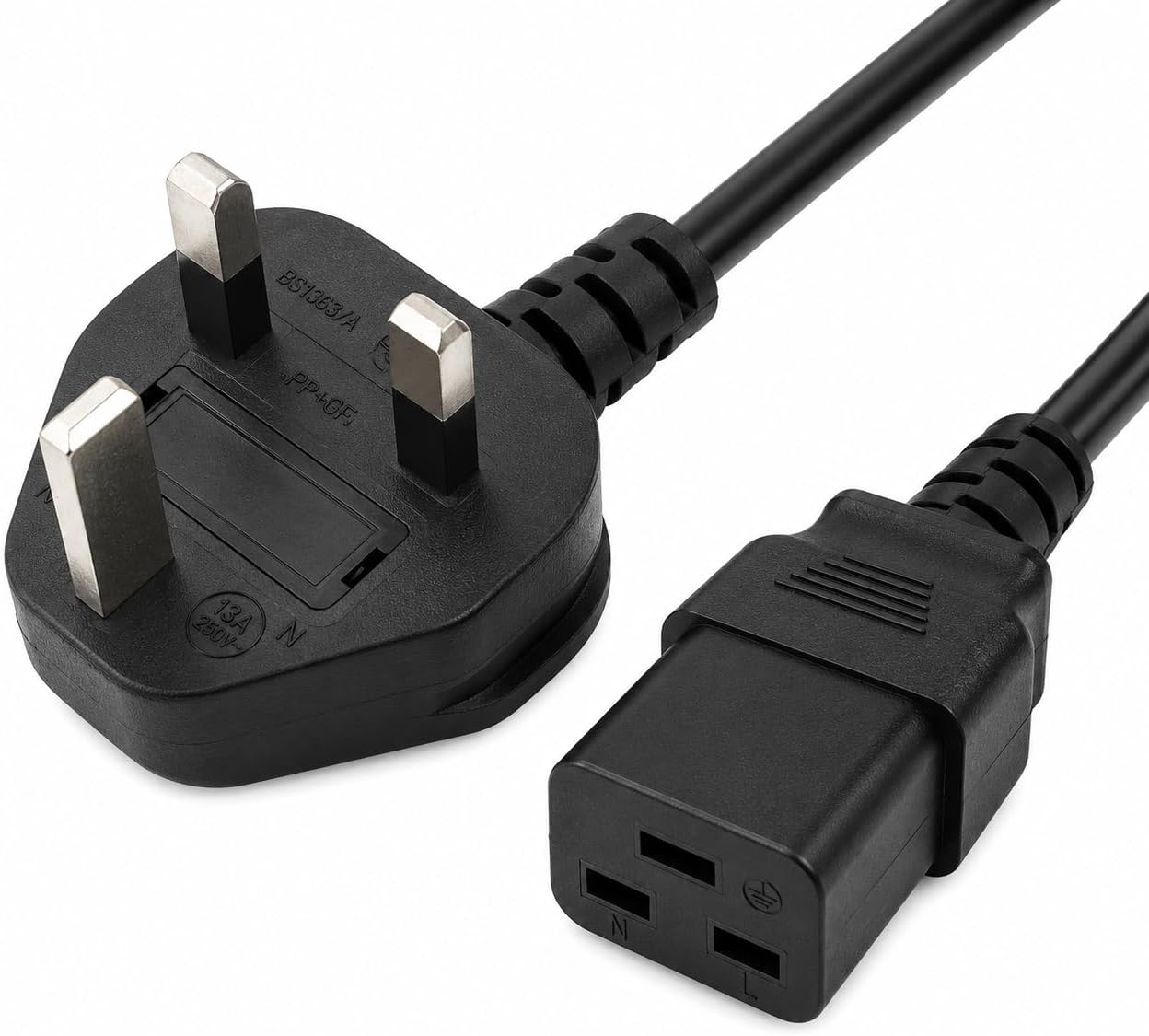BF+ UK Power Cord Cable – 3-Pin British Plug to IEC C19 Female Socket, 1m/2m/3m, Black, PVC Jacket, Premium Connector Metal, Fully Tested (1m)