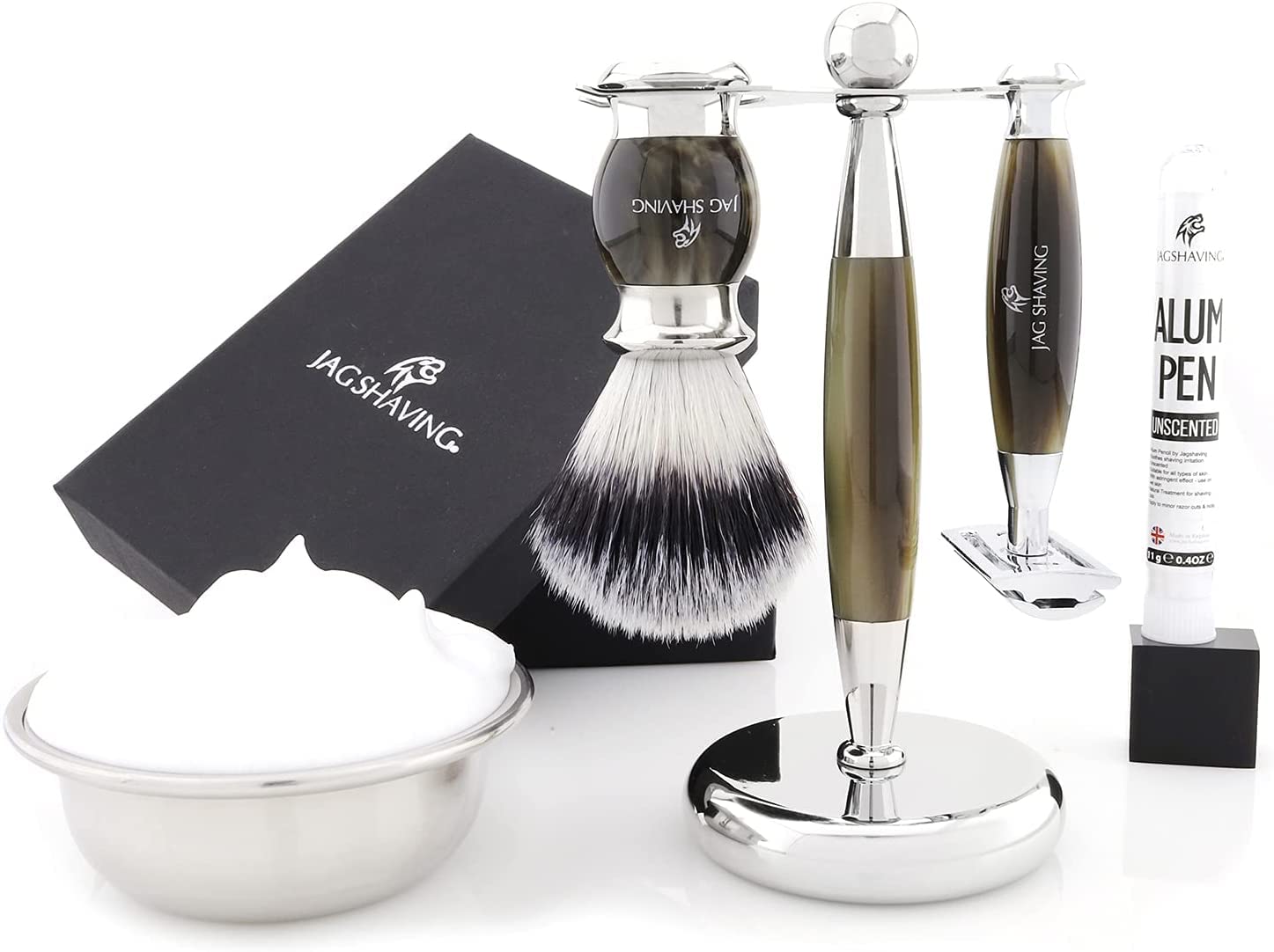 Jag Shaving zestaw do golenia - 4-częściowy zestaw do golenia - JAG's LEE Range - syntetyczny pędzel do golenia z włosia srebrnego - podwójne ostrza do golenia - stojak do golenia - kolor zielony