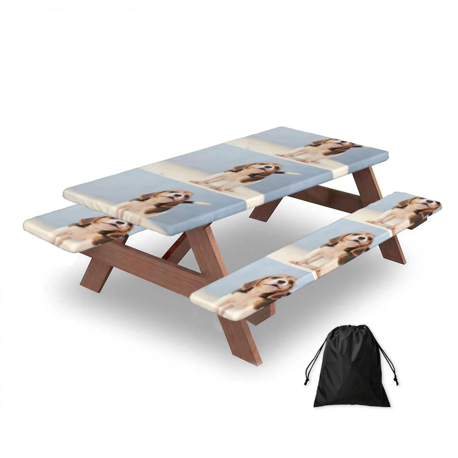Dopklna As Picture Beagle Puppy, Picnic Table Cover With Bench Covers -Waterproof Elastic Fitted Tablecloth For Garden Camping Patio 76X152cm
