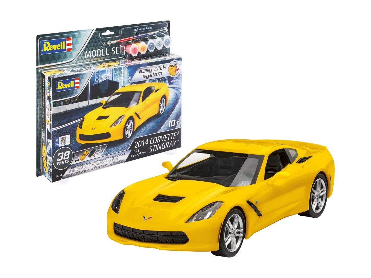 Revell RV67449 Set 1:25-2014 Corvette Stingray (Easy-Click) Plastic Model kit, Yellow/Black/Silver, 1/96