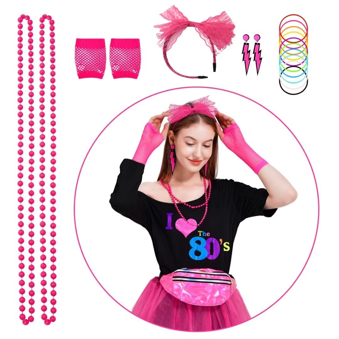 WILDPARTY 80s Fancy Dress for Women I Love 80s T-Shirt, Tutu Skirt, Leg Warmers, Necklace, Fishnet Gloves, Earrings - Image 4